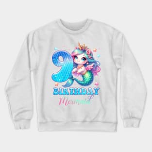 Unicorn Mermaid 9th Birthday 9 Year Old Party Girls B-day Gift For Girls Kids Crewneck Sweatshirt